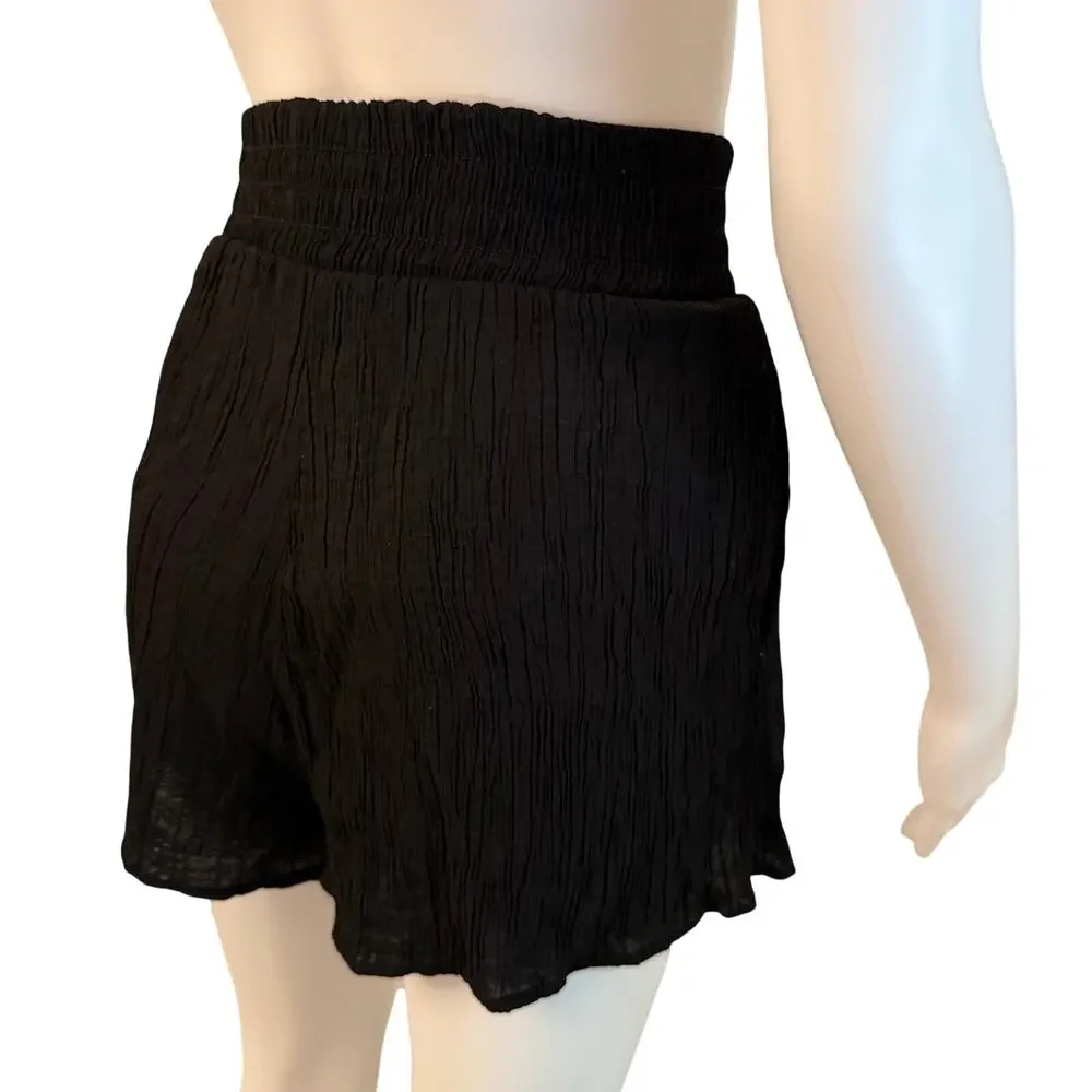 Zara Black Cotton Crinkle Gauze Shorts Smocked Waist Pull On Boho Flowy Sz XS 4